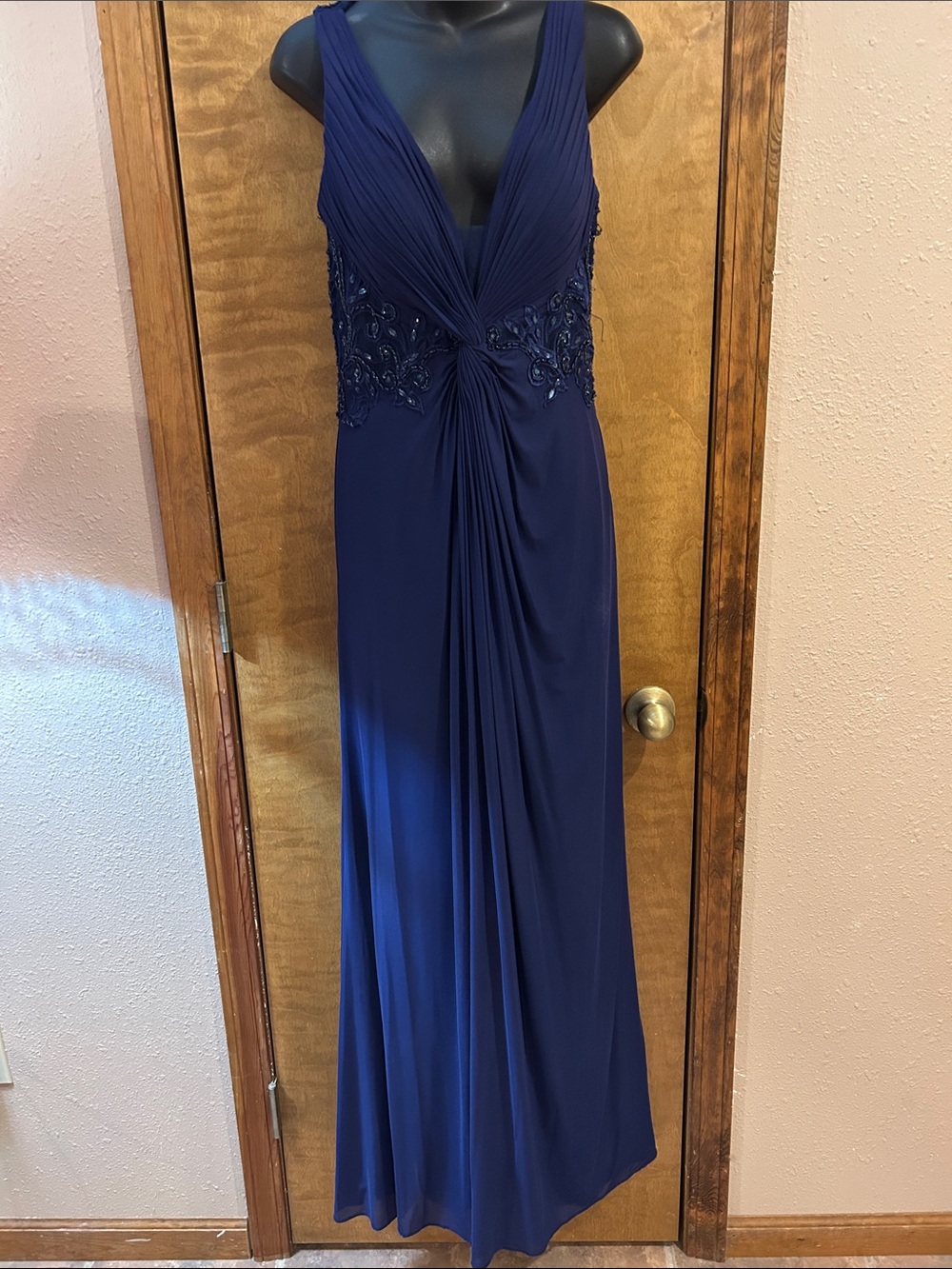 Fiesta Deep Navy Blue Beaded V-Neck Prom Dress